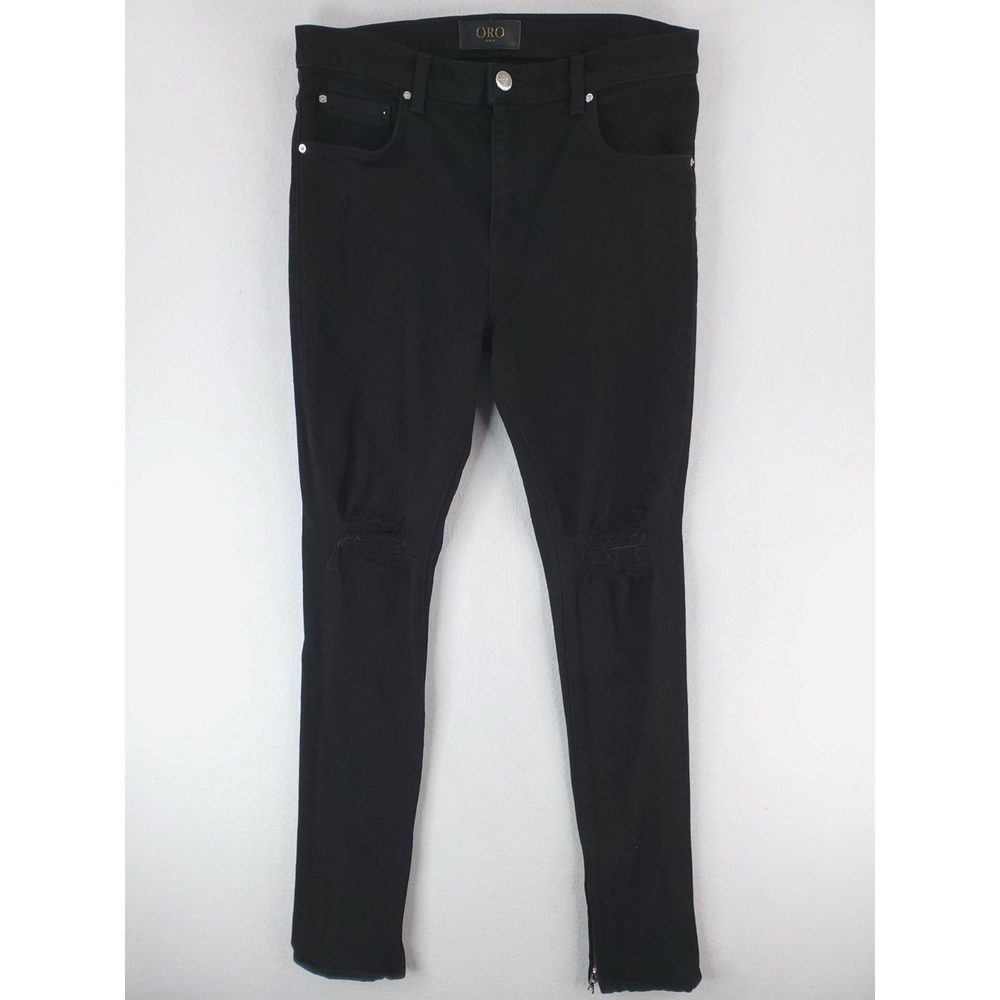 ORO Los Angeles Jeans Mens 32x34 Black Distressed Skinny Ankle Zip Stretch Denim
